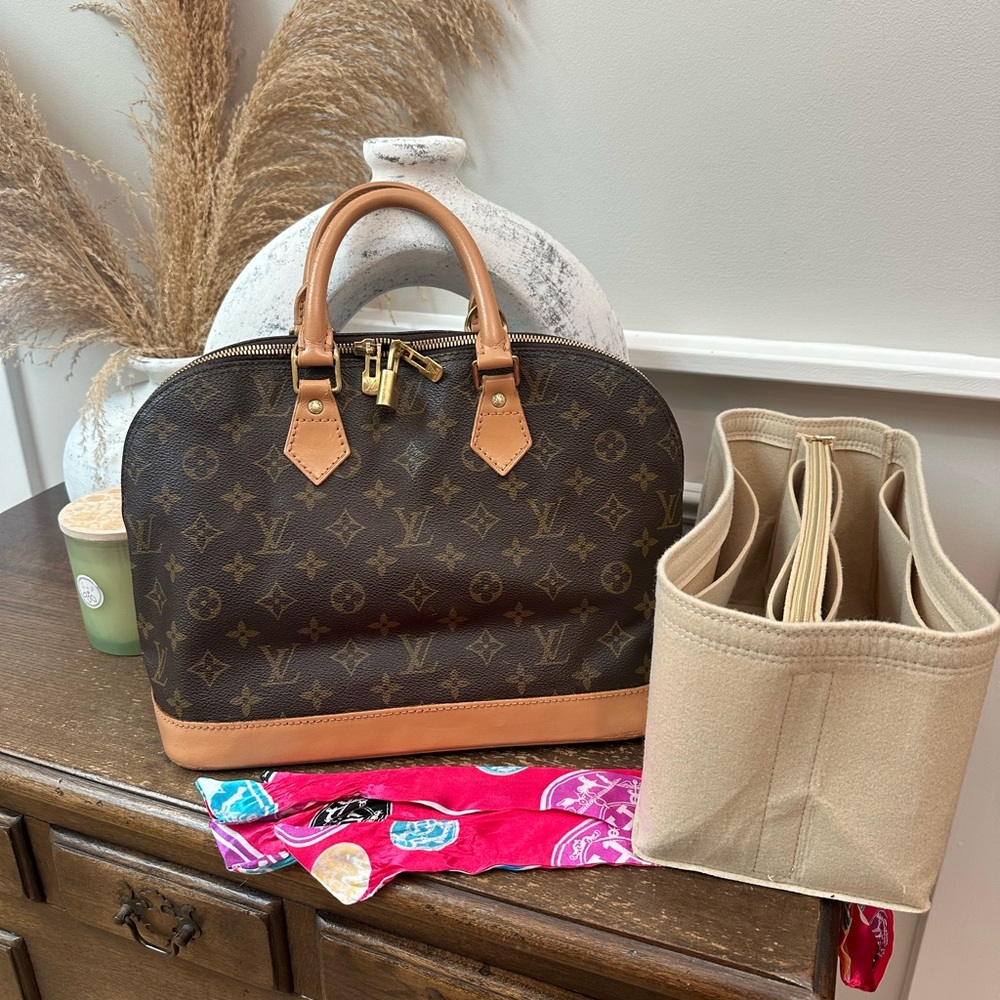 Louis Vuitton Brown Monogram Alma Satchel with Tan Trim and Gold Hardware